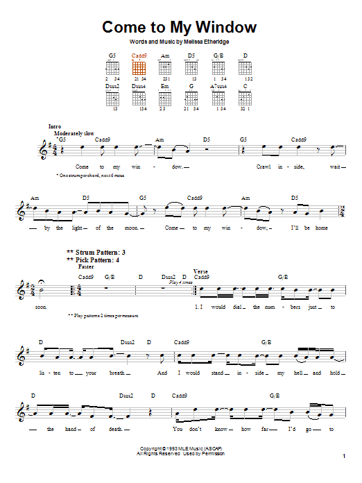 Melissa Etheridge Come To My Window sheet music notes and chords arranged for Guitar Chords/Lyrics