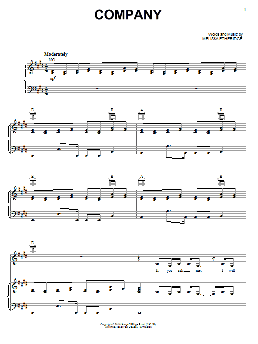 Melissa Etheridge Company sheet music notes and chords arranged for Piano, Vocal & Guitar Chords (Right-Hand Melody)