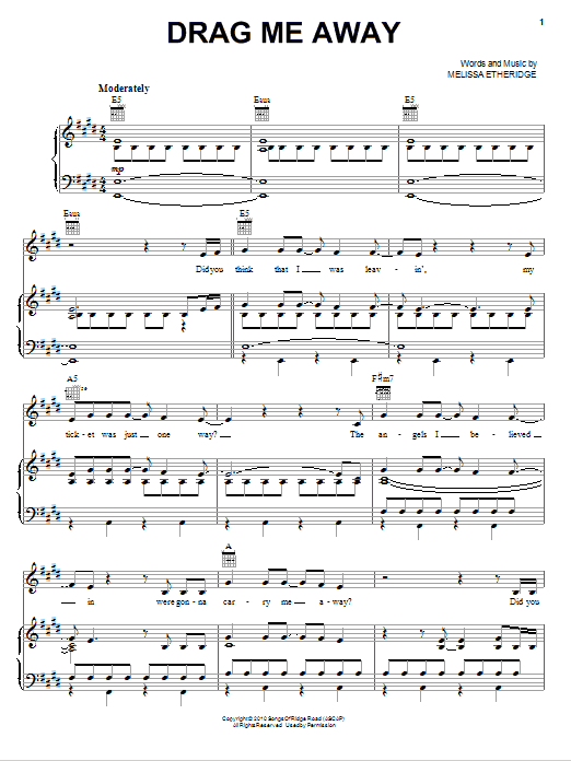 Melissa Etheridge Drag Me Away sheet music notes and chords arranged for Piano, Vocal & Guitar Chords (Right-Hand Melody)