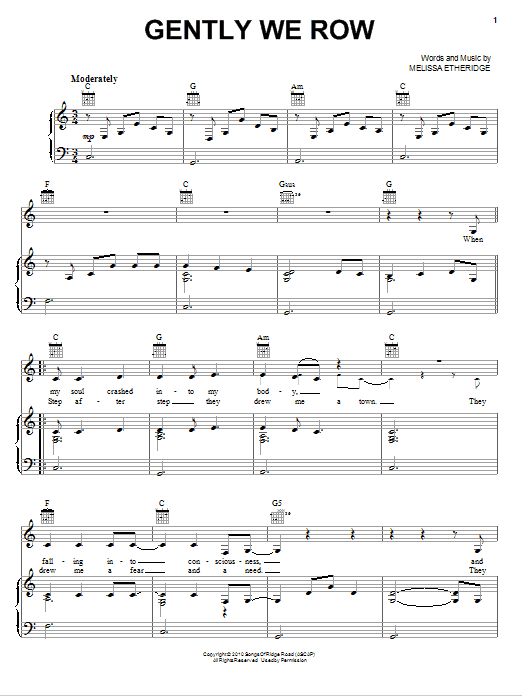 Melissa Etheridge Gently We Row sheet music notes and chords arranged for Piano, Vocal & Guitar Chords (Right-Hand Melody)