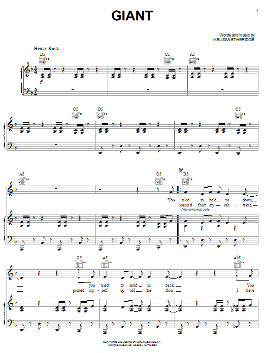 Melissa Etheridge Giant sheet music notes and chords arranged for Piano, Vocal & Guitar Chords (Right-Hand Melody)
