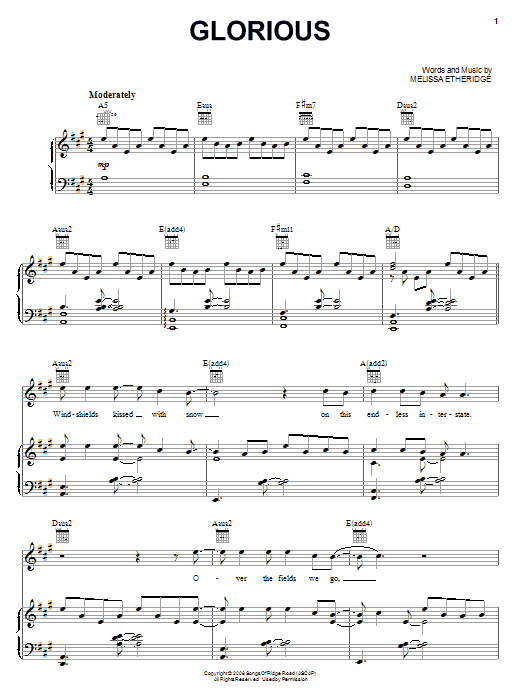 Melissa Etheridge Glorious sheet music notes and chords arranged for Piano, Vocal & Guitar Chords (Right-Hand Melody)