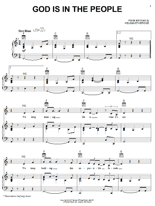 Melissa Etheridge God Is In The People sheet music notes and chords arranged for Piano, Vocal & Guitar Chords (Right-Hand Melody)