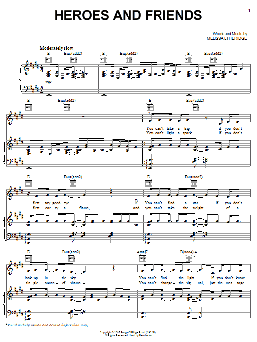 Melissa Etheridge Heroes And Friends sheet music notes and chords arranged for Piano, Vocal & Guitar Chords (Right-Hand Melody)