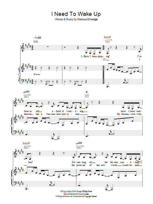 Melissa Etheridge I Need To Wake Up sheet music notes and chords arranged for Piano, Vocal & Guitar Chords