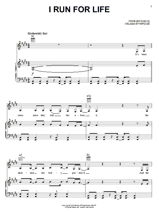 Melissa Etheridge I Run For Life sheet music notes and chords arranged for Piano, Vocal & Guitar Chords (Right-Hand Melody)