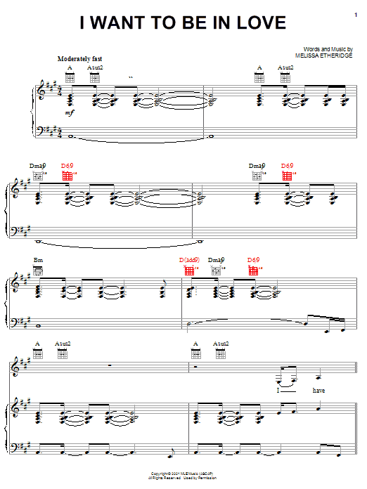 Melissa Etheridge I Want To Be In Love sheet music notes and chords arranged for Piano, Vocal & Guitar Chords (Right-Hand Melody)