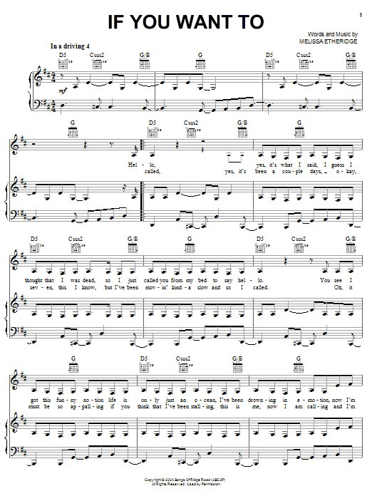 Melissa Etheridge If You Want To sheet music notes and chords arranged for Piano, Vocal & Guitar Chords (Right-Hand Melody)