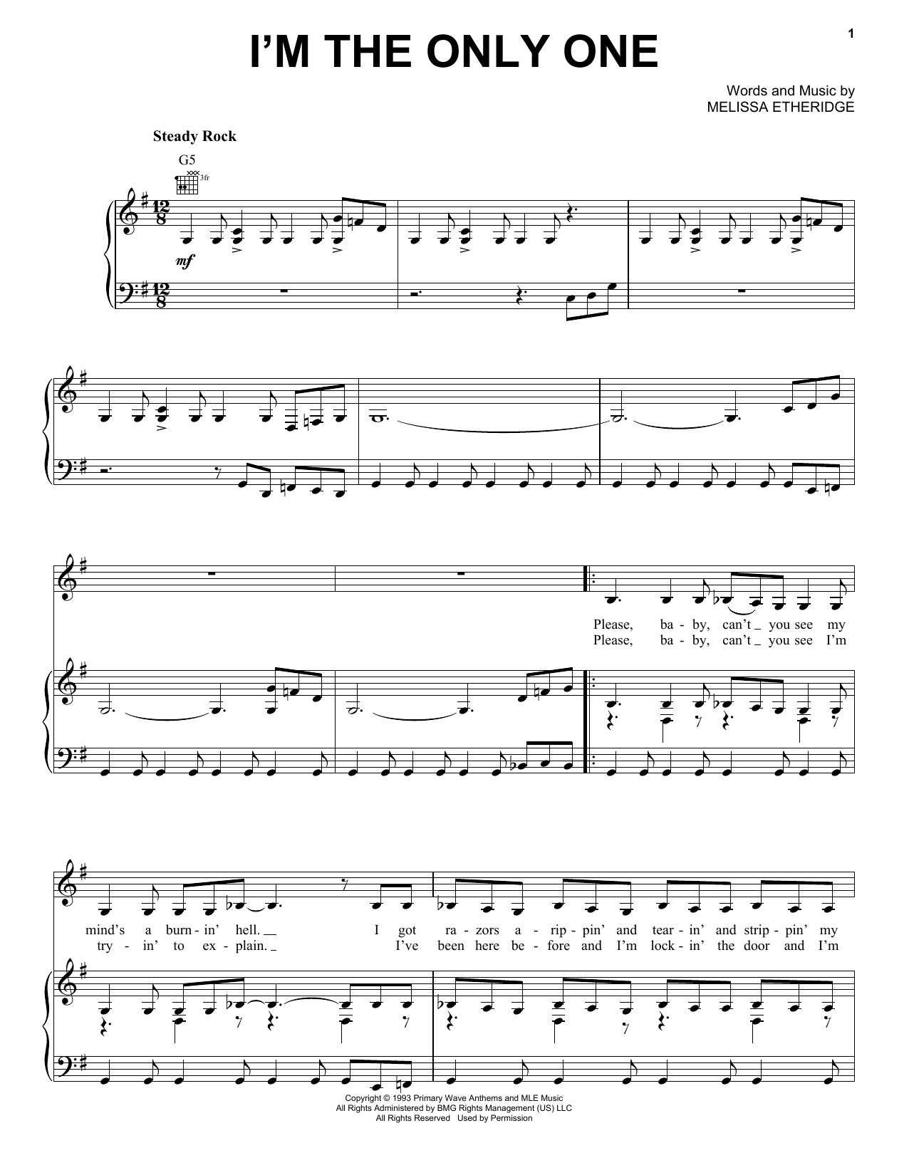 Melissa Etheridge I'm The Only One sheet music notes and chords arranged for Easy Guitar