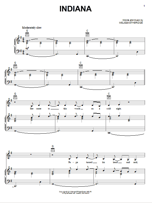 Melissa Etheridge Indiana sheet music notes and chords arranged for Piano, Vocal & Guitar Chords (Right-Hand Melody)