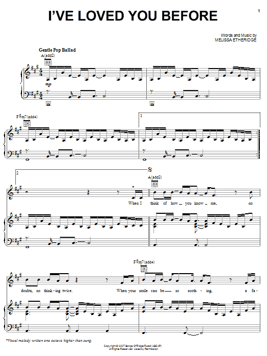 Melissa Etheridge I've Loved You Before sheet music notes and chords arranged for Piano, Vocal & Guitar Chords (Right-Hand Melody)