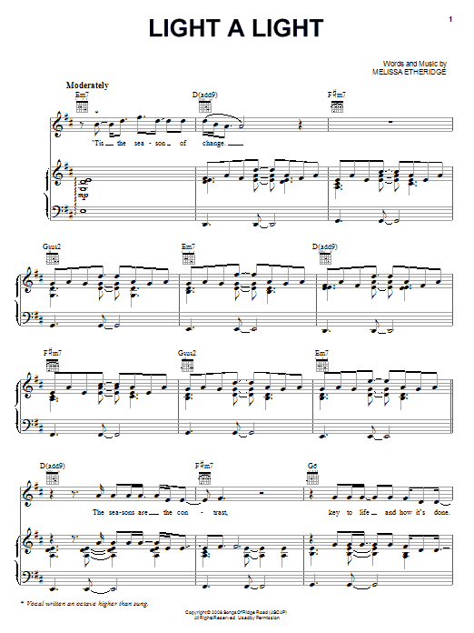Melissa Etheridge Light A Light sheet music notes and chords arranged for Piano, Vocal & Guitar Chords (Right-Hand Melody)