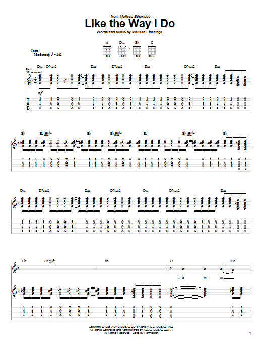 Melissa Etheridge Like The Way I Do sheet music notes and chords arranged for Guitar Chords/Lyrics