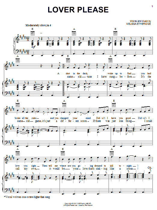 Melissa Etheridge Lover Please sheet music notes and chords arranged for Piano, Vocal & Guitar Chords (Right-Hand Melody)