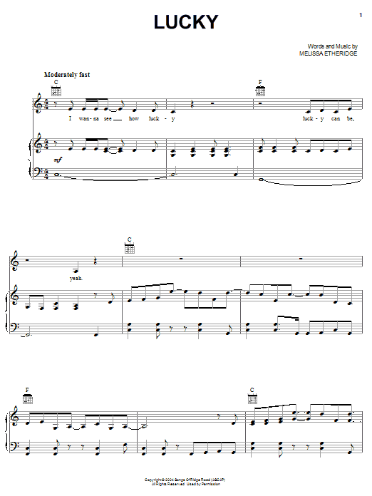 Melissa Etheridge Lucky sheet music notes and chords arranged for Piano, Vocal & Guitar Chords (Right-Hand Melody)