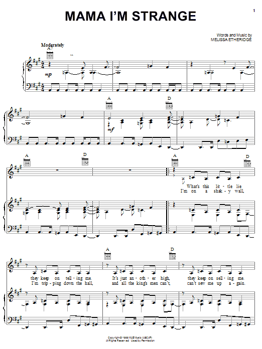 Melissa Etheridge Mama I'm Strange sheet music notes and chords arranged for Piano, Vocal & Guitar Chords (Right-Hand Melody)