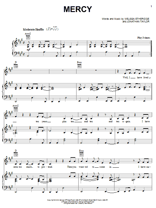 Melissa Etheridge Mercy sheet music notes and chords arranged for Piano, Vocal & Guitar Chords (Right-Hand Melody)