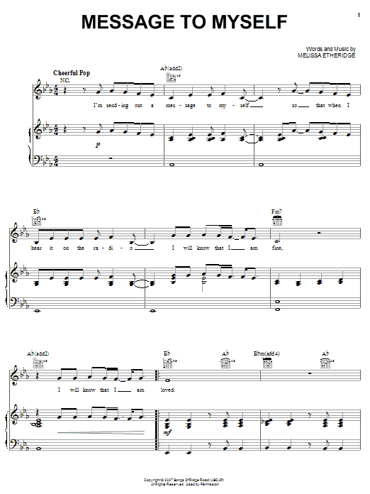 Melissa Etheridge Message To Myself sheet music notes and chords arranged for Piano, Vocal & Guitar Chords (Right-Hand Melody)
