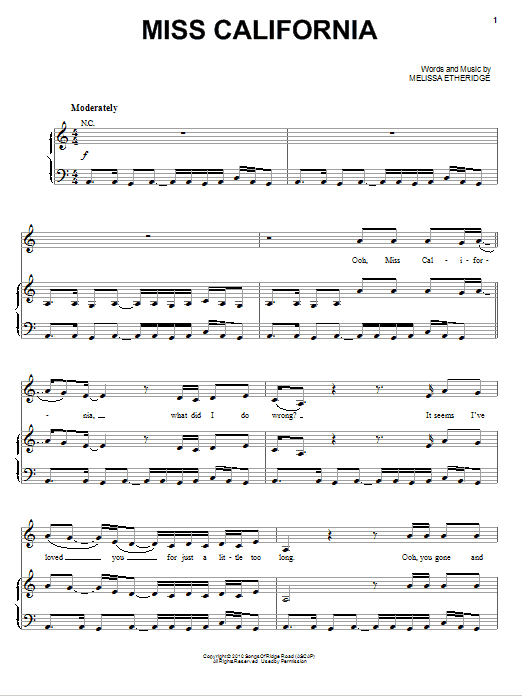 Melissa Etheridge Miss California sheet music notes and chords arranged for Piano, Vocal & Guitar Chords (Right-Hand Melody)
