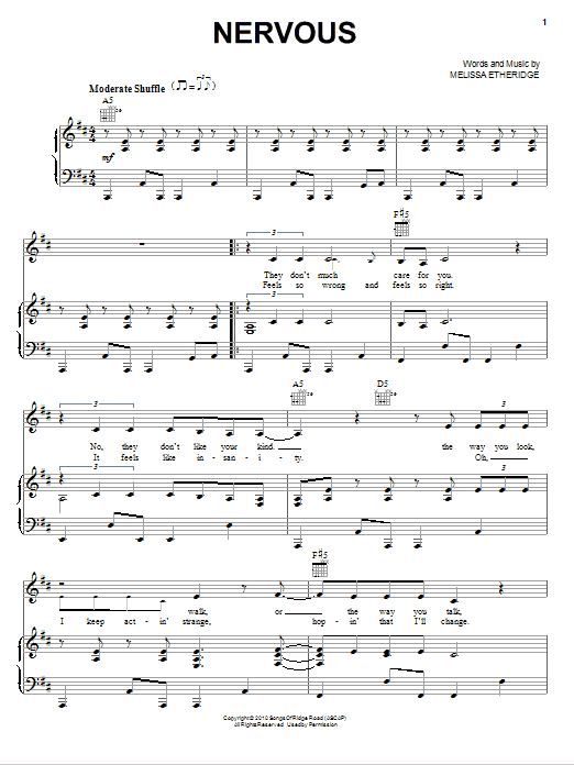Melissa Etheridge Nervous sheet music notes and chords arranged for Piano, Vocal & Guitar Chords (Right-Hand Melody)