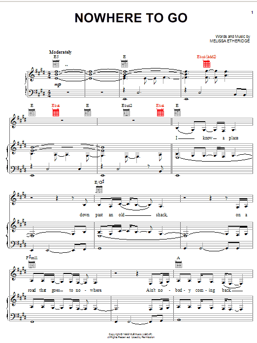 Melissa Etheridge Nowhere To Go sheet music notes and chords arranged for Piano, Vocal & Guitar Chords (Right-Hand Melody)