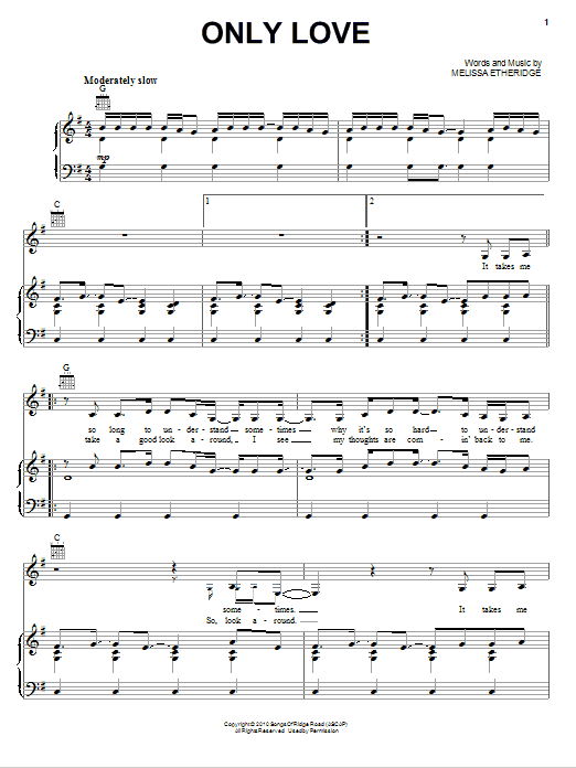 Melissa Etheridge Only Love sheet music notes and chords arranged for Piano, Vocal & Guitar Chords (Right-Hand Melody)