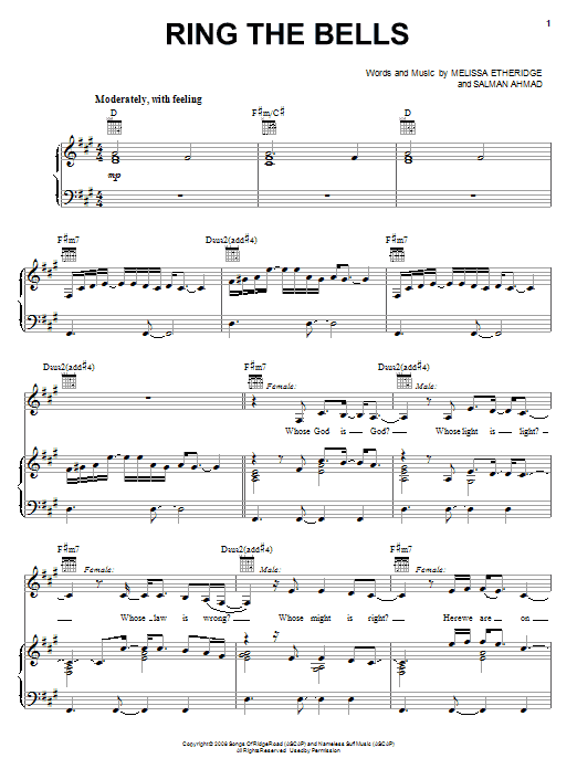 Melissa Etheridge Ring The Bells sheet music notes and chords arranged for Piano, Vocal & Guitar Chords (Right-Hand Melody)