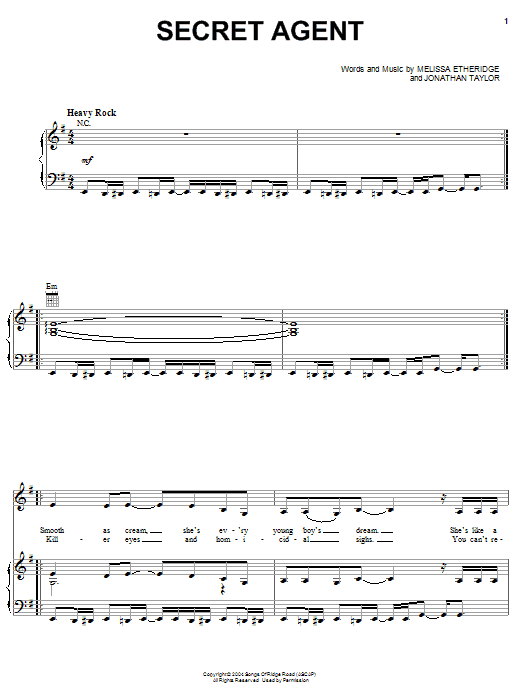 Melissa Etheridge Secret Agent sheet music notes and chords arranged for Piano, Vocal & Guitar Chords (Right-Hand Melody)