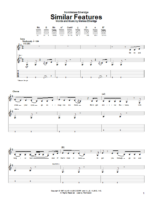 Melissa Etheridge Similar Features sheet music notes and chords arranged for Piano, Vocal & Guitar Chords (Right-Hand Melody)