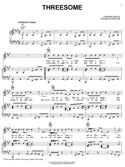 Melissa Etheridge Threesome sheet music notes and chords arranged for Piano, Vocal & Guitar Chords (Right-Hand Melody)