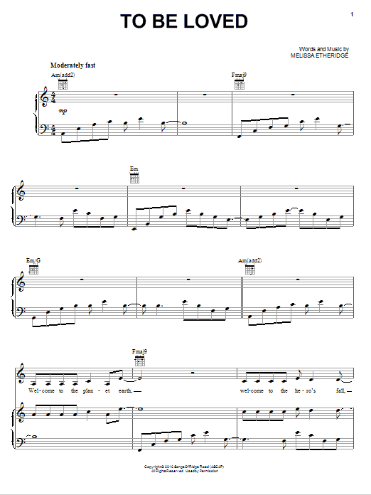 Melissa Etheridge To Be Loved sheet music notes and chords arranged for Piano, Vocal & Guitar Chords (Right-Hand Melody)