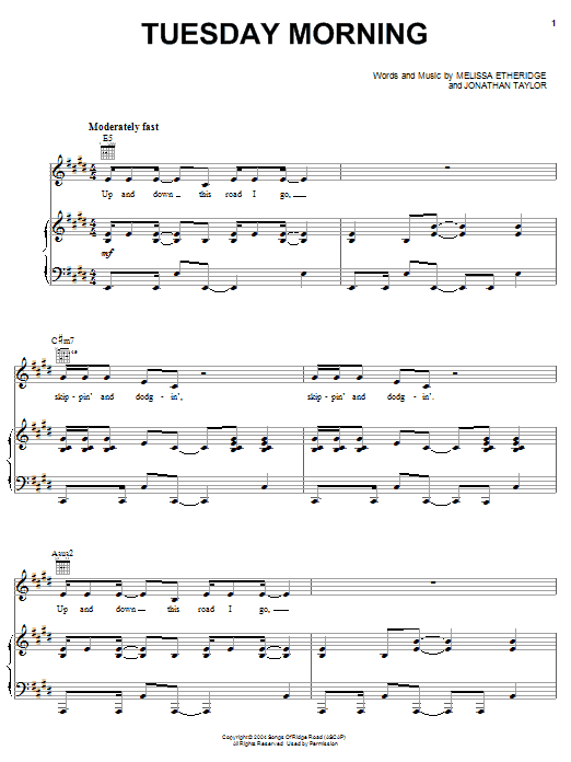 Melissa Etheridge Tuesday Morning sheet music notes and chords arranged for Piano, Vocal & Guitar Chords (Right-Hand Melody)
