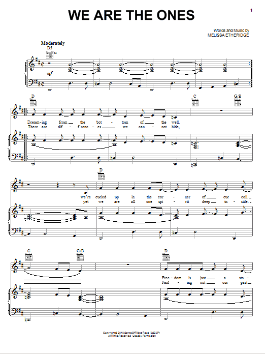Melissa Etheridge We Are The Ones sheet music notes and chords arranged for Piano, Vocal & Guitar Chords (Right-Hand Melody)