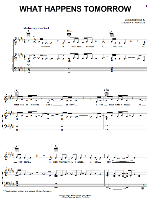 Melissa Etheridge What Happens Tomorrow sheet music notes and chords arranged for Piano, Vocal & Guitar Chords (Right-Hand Melody)