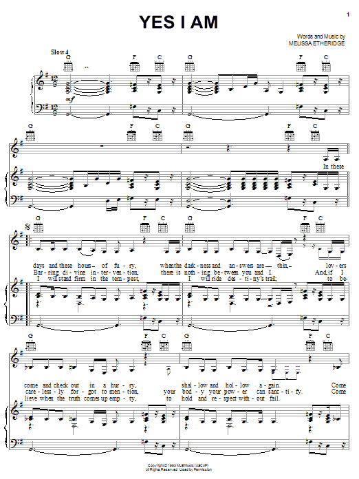 Melissa Etheridge Yes I Am sheet music notes and chords arranged for Piano, Vocal & Guitar Chords (Right-Hand Melody)