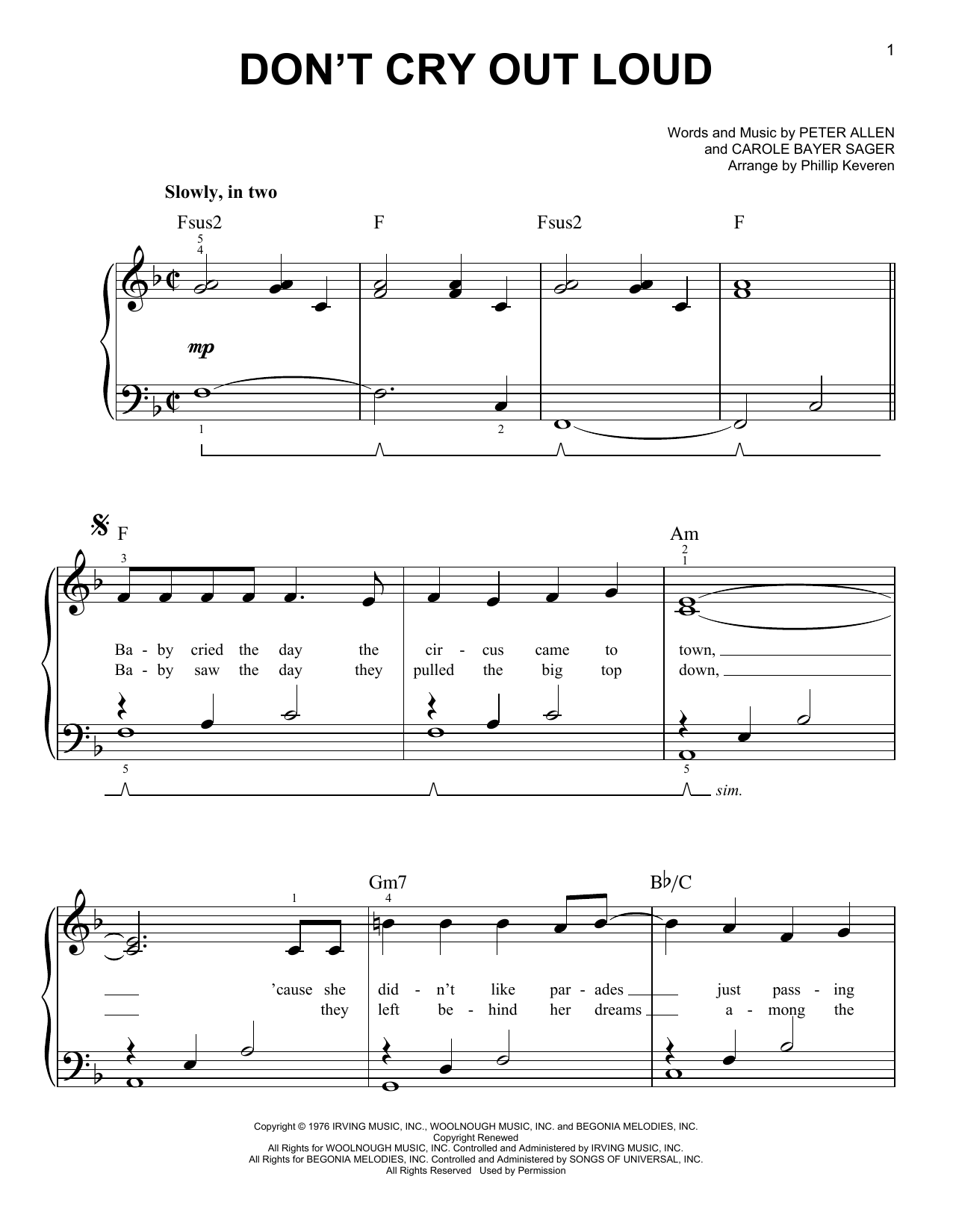 Melissa Manchester Don't Cry Out Loud (We Don't Cry Out Loud) (arr. Phillip Keveren) sheet music notes and chords arranged for Easy Piano