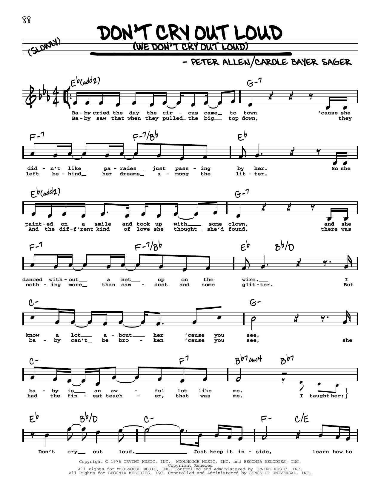 Melissa Manchester Don't Cry Out Loud (We Don't Cry Out Loud) (High Voice) (from The Boy From Oz) sheet music notes and chords arranged for Real Book – Melody, Lyrics & Chords