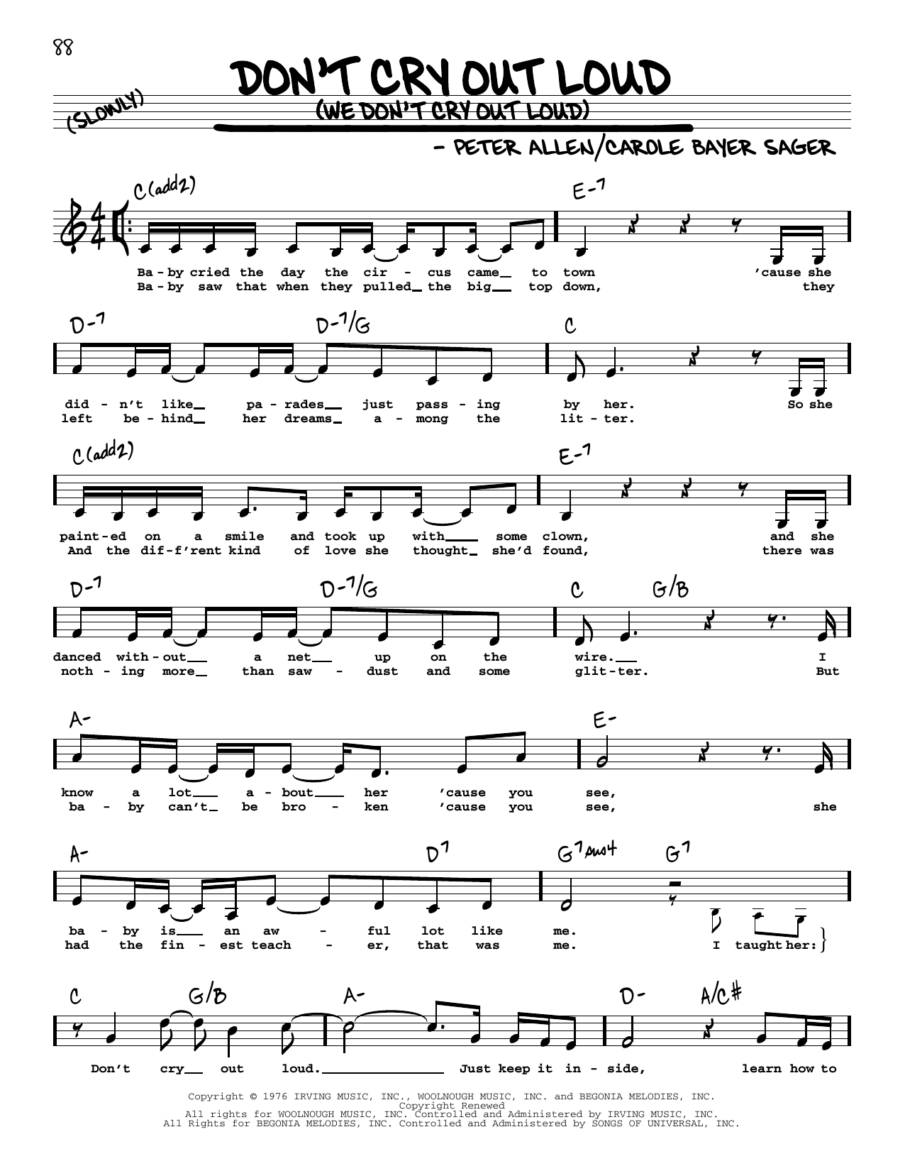 Melissa Manchester Don't Cry Out Loud (We Don't Cry Out Loud) (Low Voice) sheet music notes and chords arranged for Real Book – Melody, Lyrics & Chords