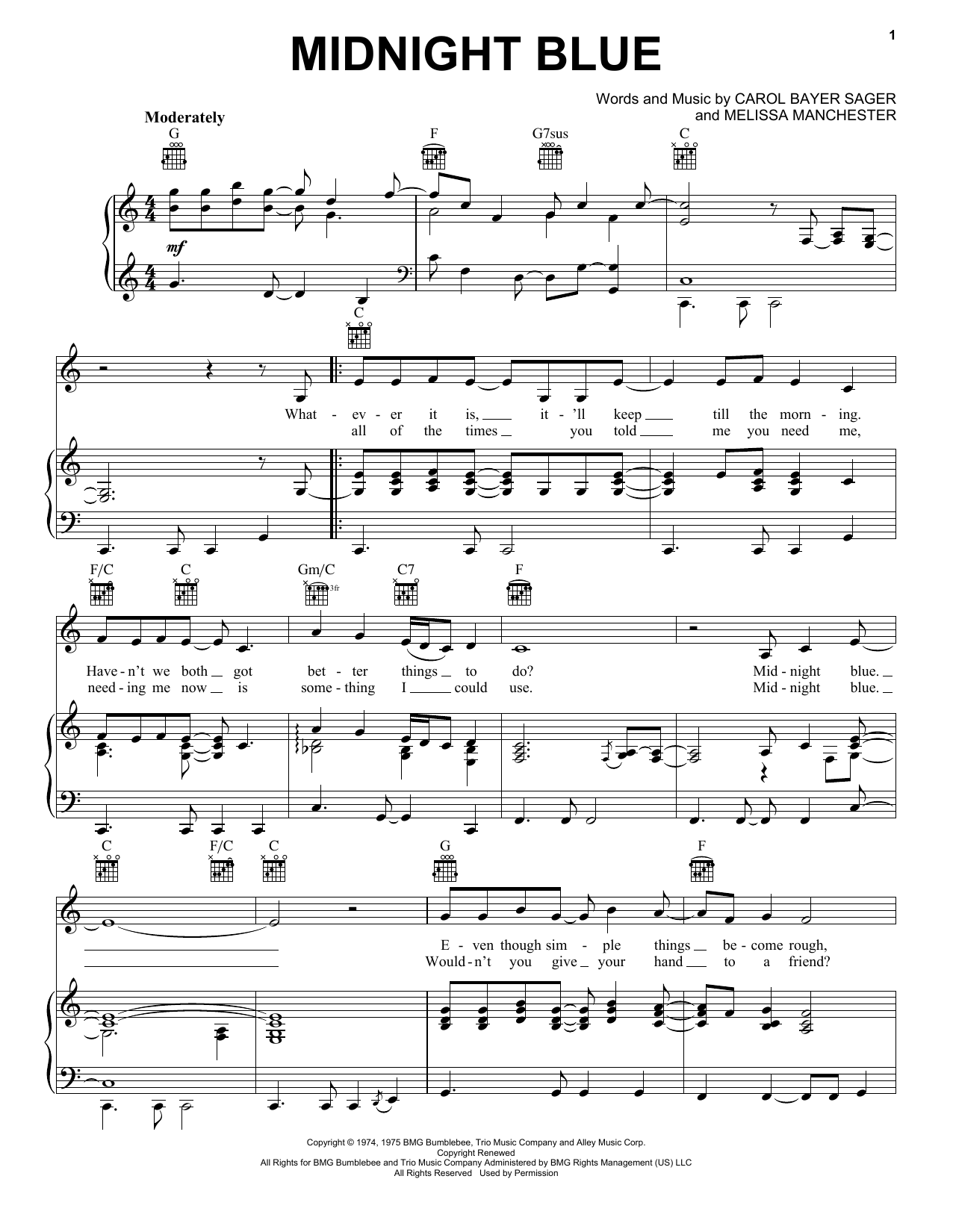 Melissa Manchester Midnight Blue sheet music notes and chords arranged for Ukulele Chords/Lyrics
