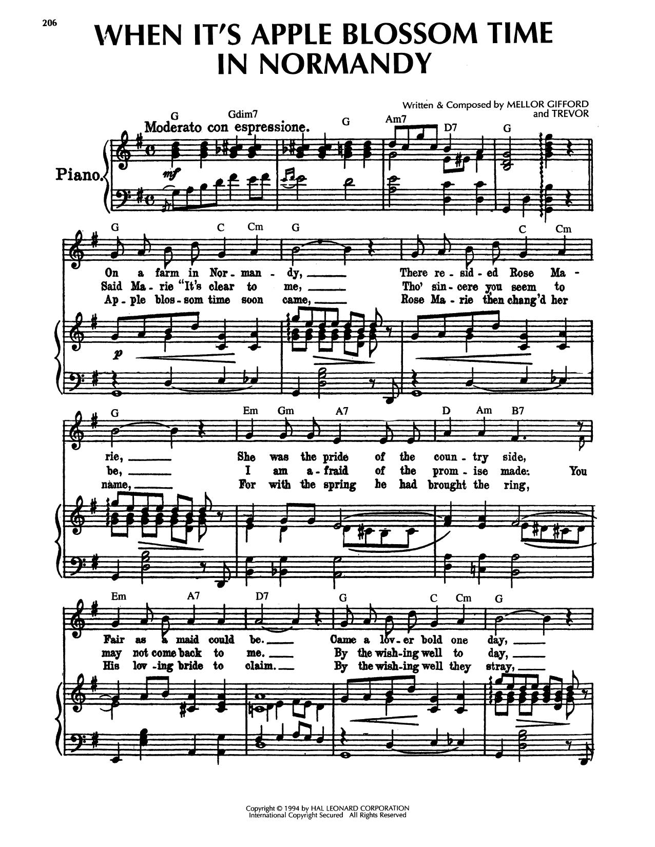 Mellor Gifford When It's Apple Blossom Time In Normandy sheet music notes and chords arranged for Piano, Vocal & Guitar Chords (Right-Hand Melody)