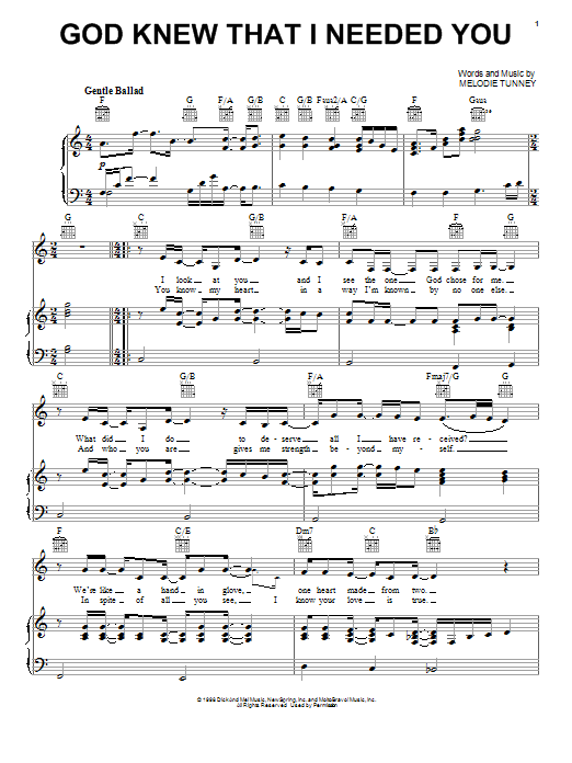 Melodie Tunney God Knew That I Needed You sheet music notes and chords arranged for Piano, Vocal & Guitar Chords (Right-Hand Melody)