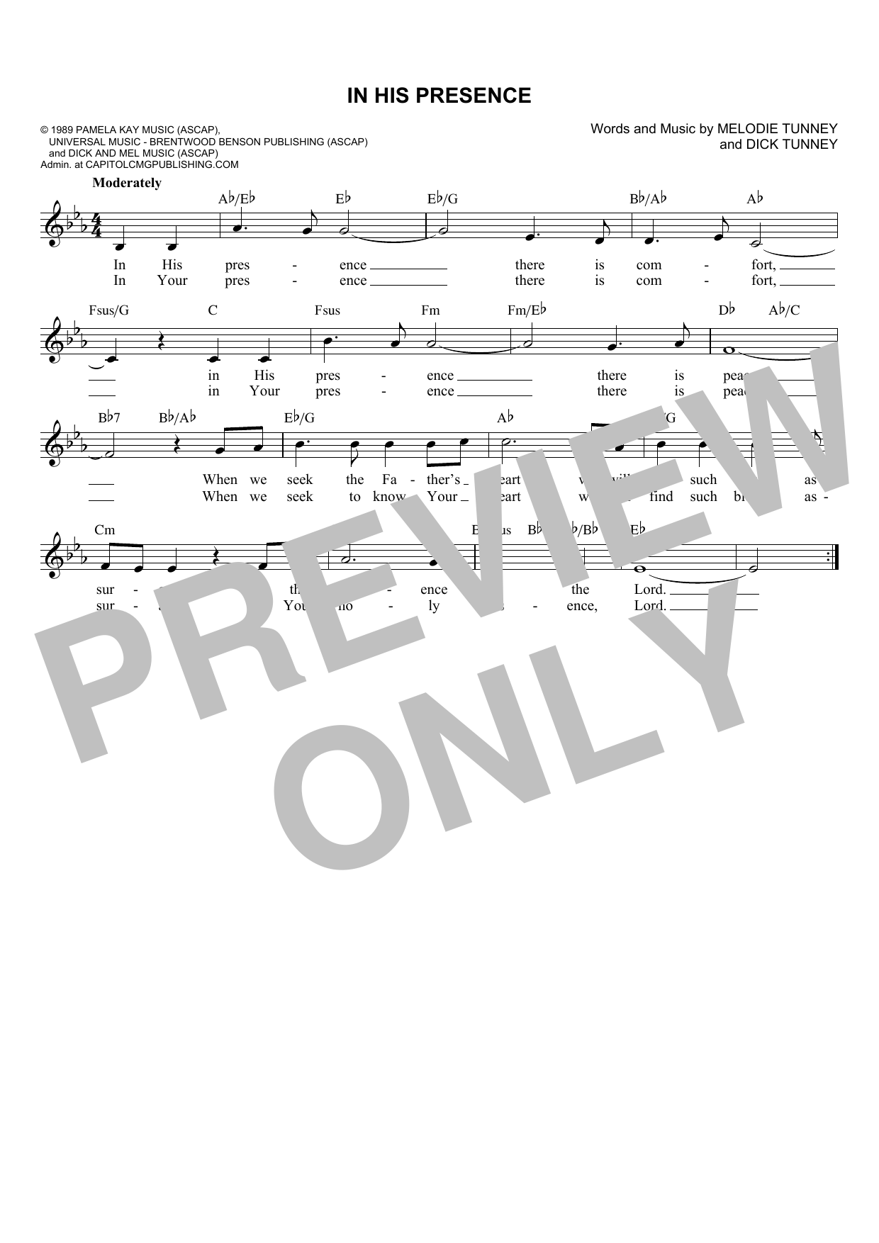 Dick & Mel Tunney In His Presence sheet music notes and chords arranged for Lead Sheet / Fake Book
