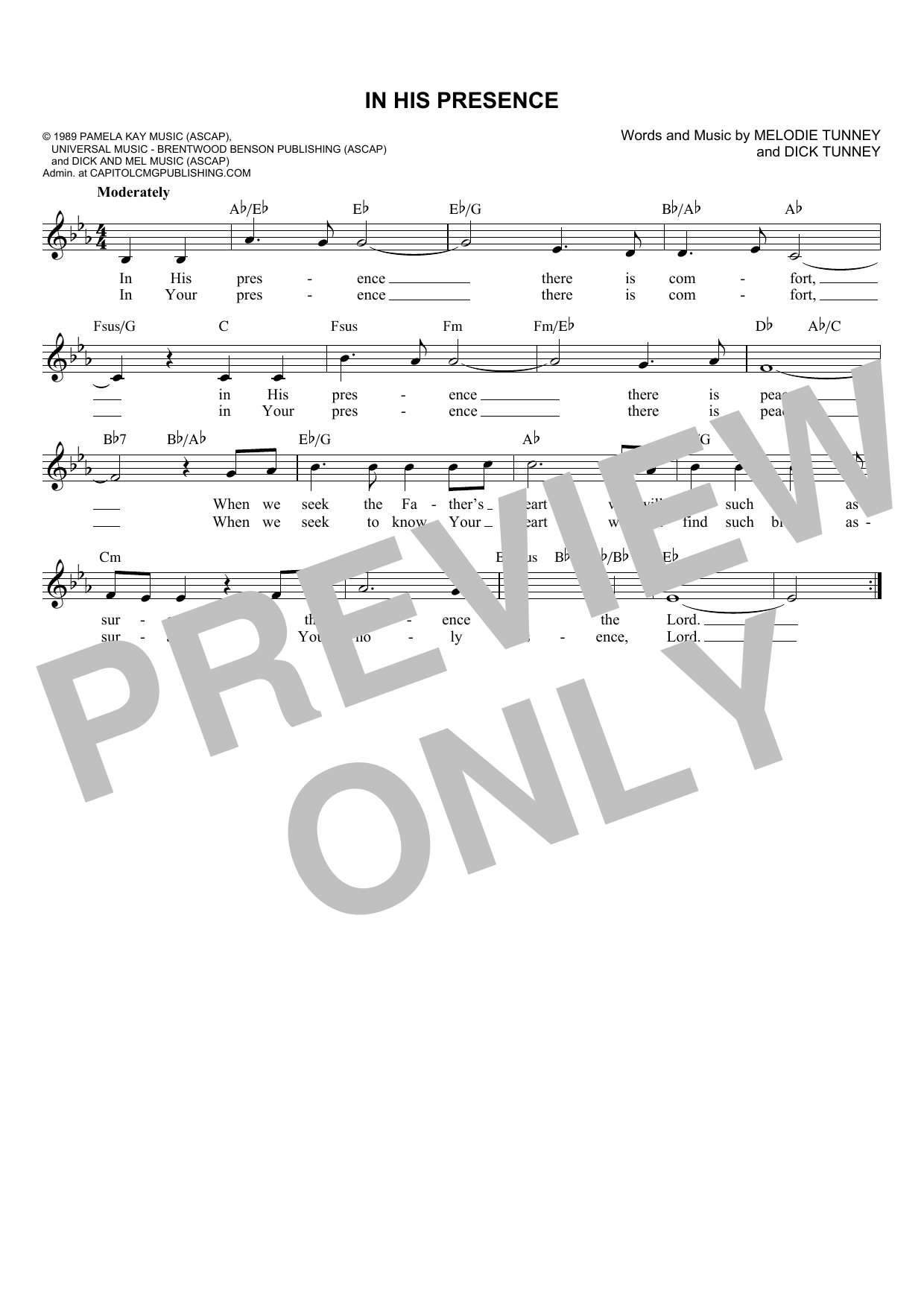 Melodie Tunney In His Presence sheet music notes and chords arranged for Easy Lead Sheet / Fake Book