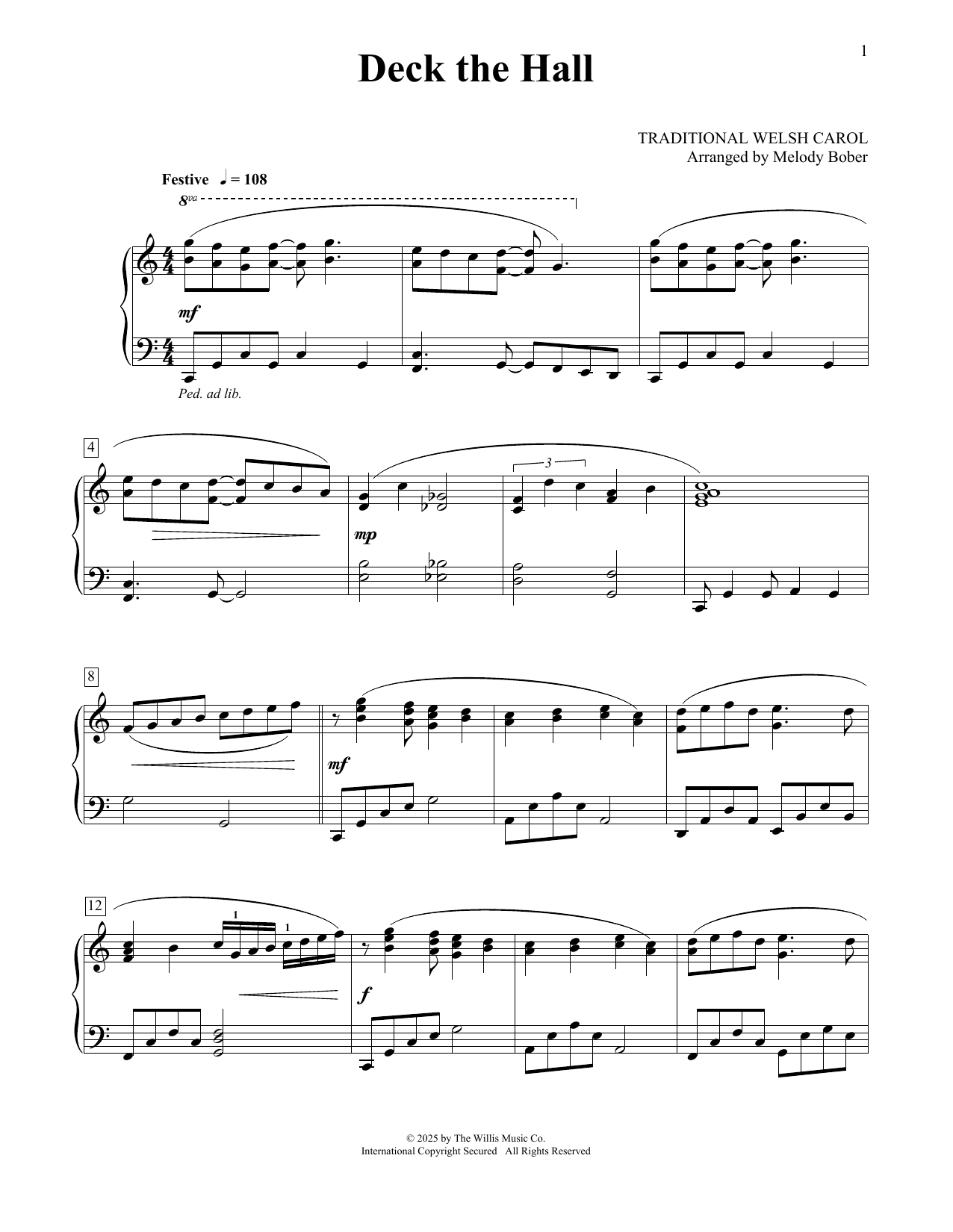 Melody Bober (arr.) Deck The Hall sheet music notes and chords arranged for Educational Piano