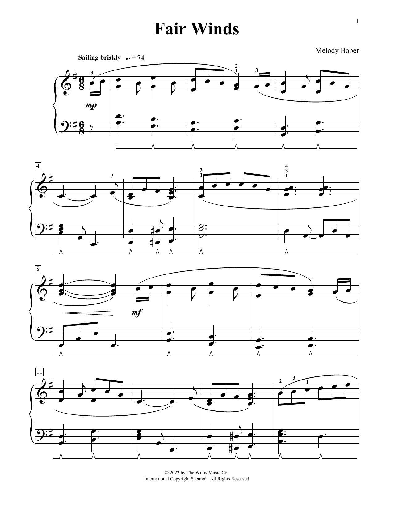 Melody Bober Fair Winds sheet music notes and chords arranged for Educational Piano