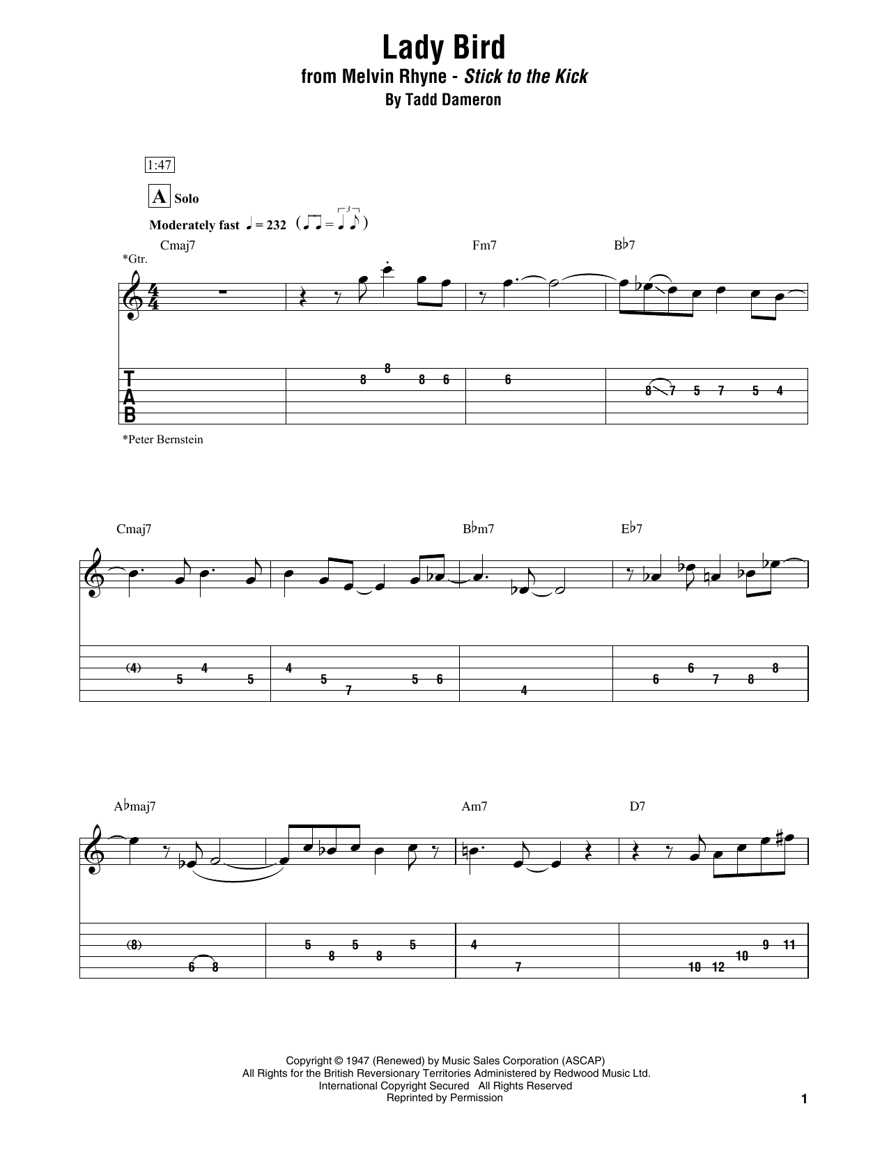 Melvin Rhyne Lady Bird sheet music notes and chords arranged for Electric Guitar Transcription