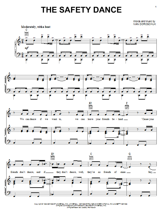 Men Without Hats The Safety Dance sheet music notes and chords arranged for Piano, Vocal & Guitar Chords (Right-Hand Melody)