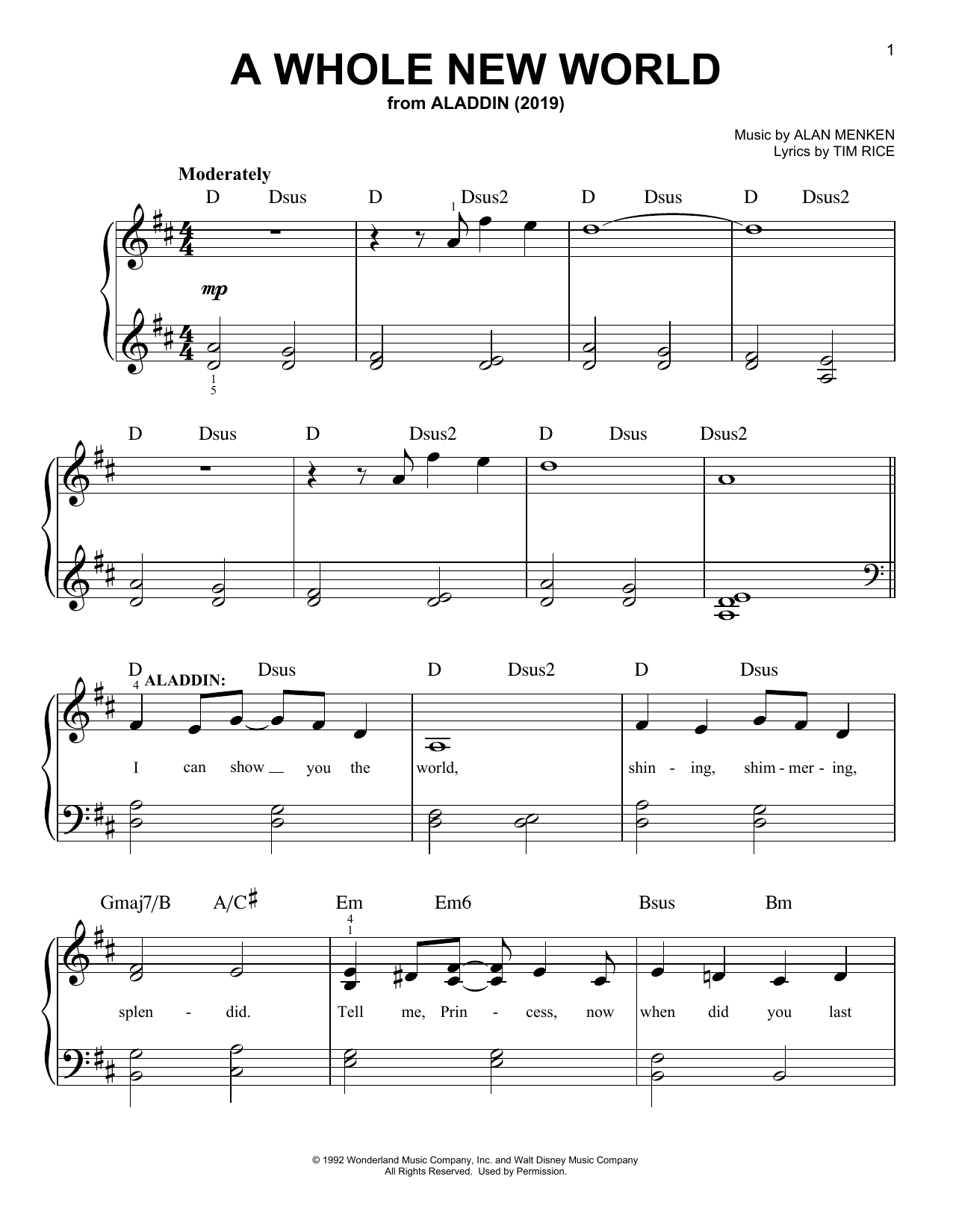 Mena Massoud & Naomi Scott A Whole New World (from Aladdin) (2019) sheet music notes and chords arranged for Easy Piano
