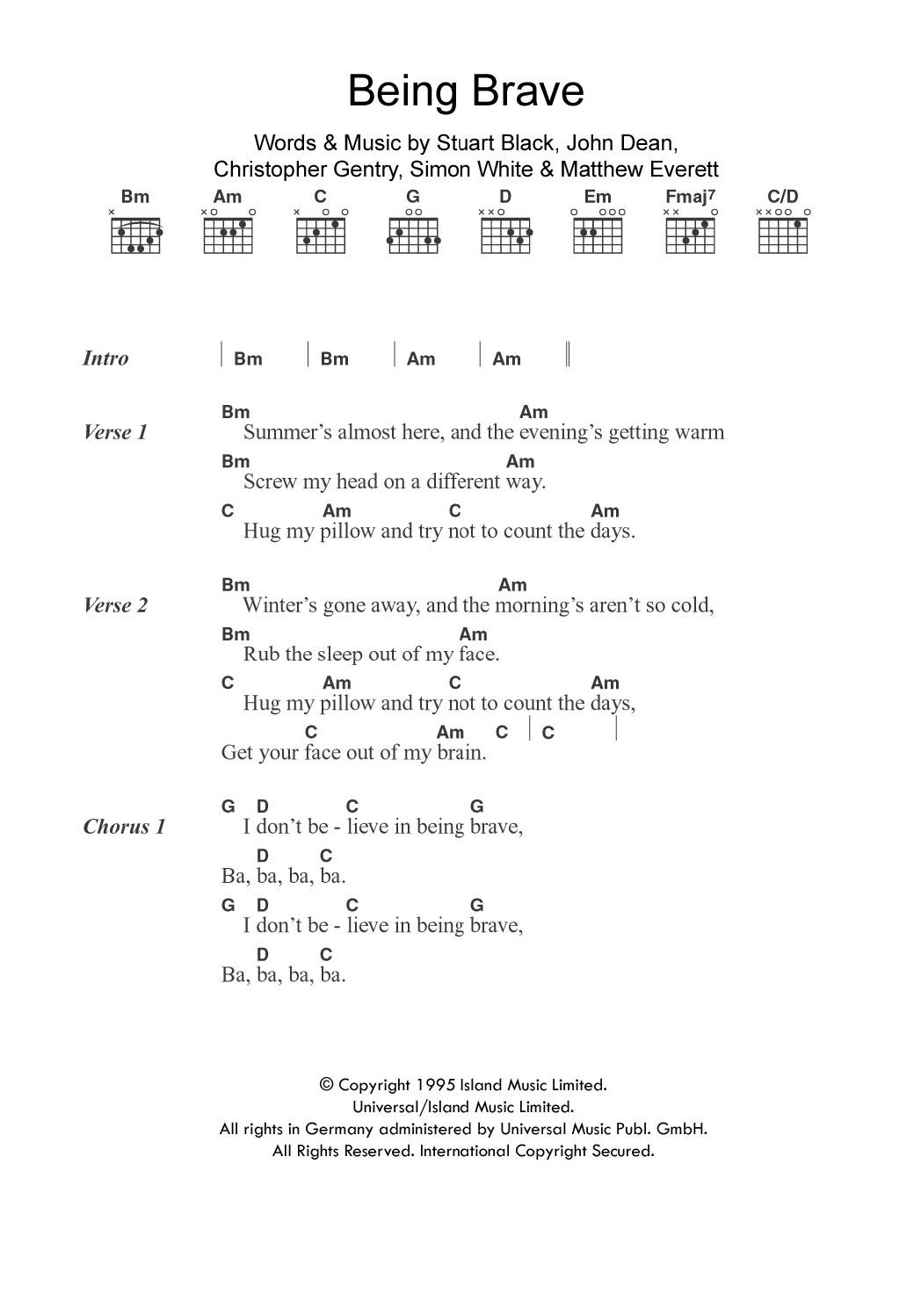 Menswear Being Brave sheet music notes and chords arranged for Guitar Chords/Lyrics