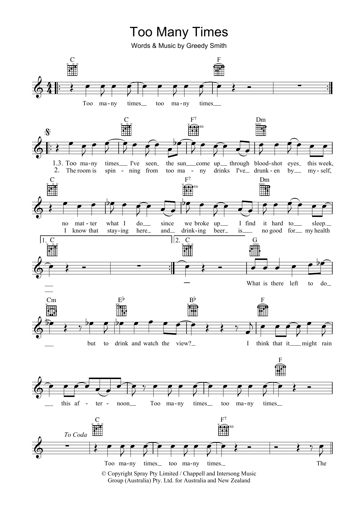 Mental As Anything Too Many Times sheet music notes and chords arranged for Lead Sheet / Fake Book